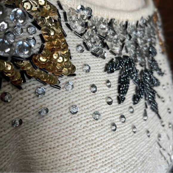 Vintage Beaded Sequin SILK ANGORA Cream Ivory Gold Black Silver Sweater Sz Large - Picture 3 of 11